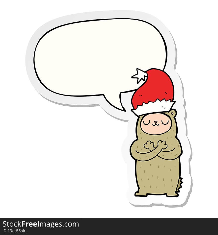 cartoon bear wearing christmas hat with speech bubble sticker