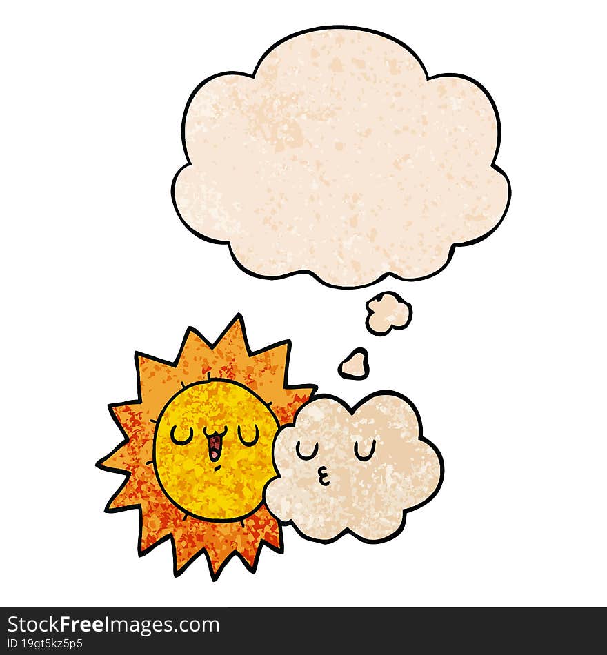 cartoon sun and cloud with thought bubble in grunge texture style. cartoon sun and cloud with thought bubble in grunge texture style