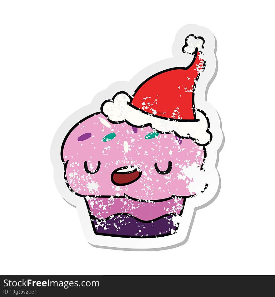 hand drawn christmas distressed sticker cartoon of kawaii cupcake