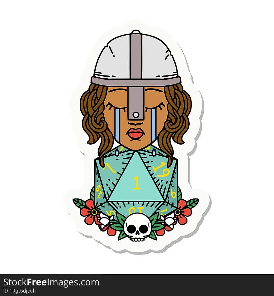 sticker of a crying human fighter with natural one D20 roll. sticker of a crying human fighter with natural one D20 roll