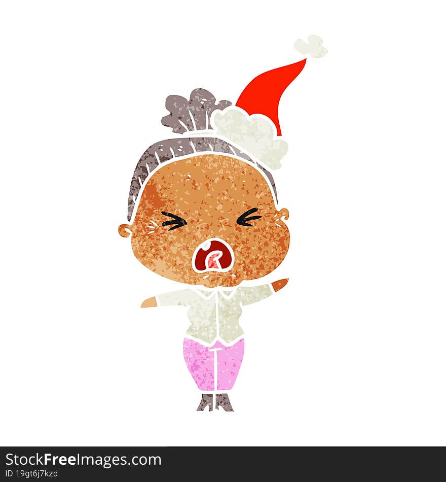 hand drawn retro cartoon of a angry old woman wearing santa hat