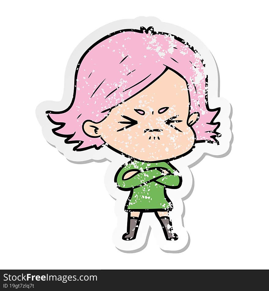 distressed sticker of a cartoon angry girl