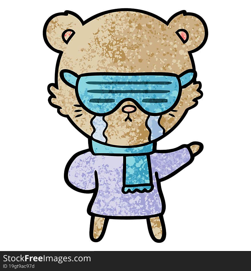 crying cartoon bear wearing rave sunglasses. crying cartoon bear wearing rave sunglasses