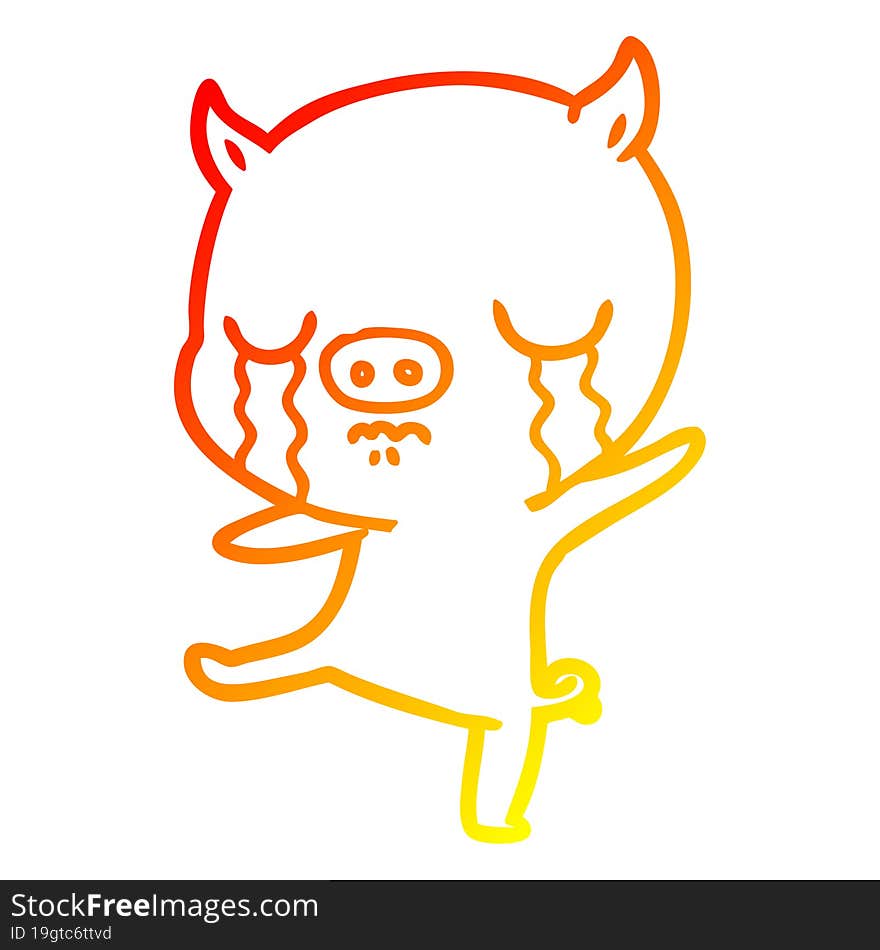 warm gradient line drawing of a cartoon pig crying