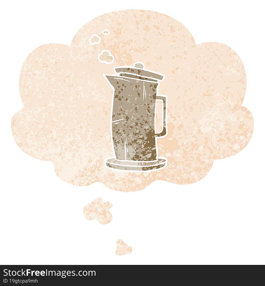 cartoon old kettle with thought bubble in grunge distressed retro textured style. cartoon old kettle with thought bubble in grunge distressed retro textured style