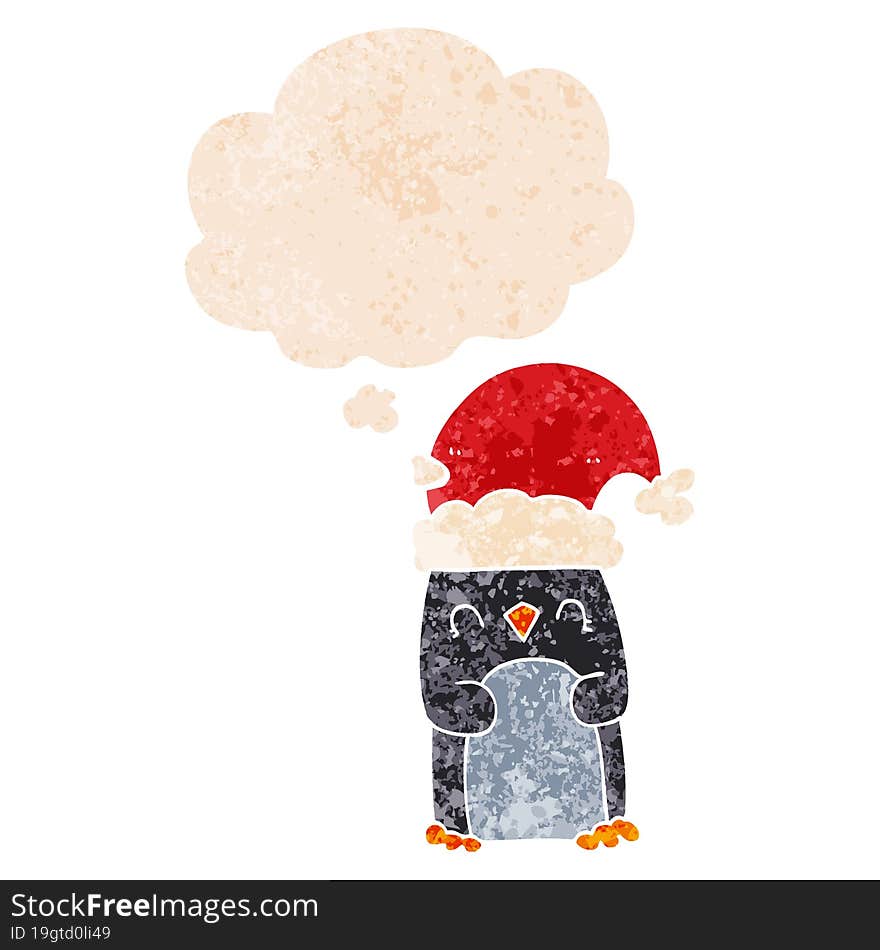 Cartoon Penguin And Thought Bubble In Retro Textured Style