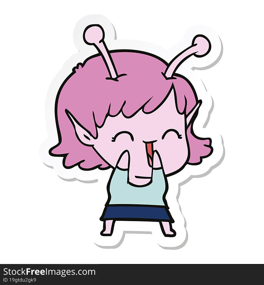 sticker of a cartoon alien girl laughing