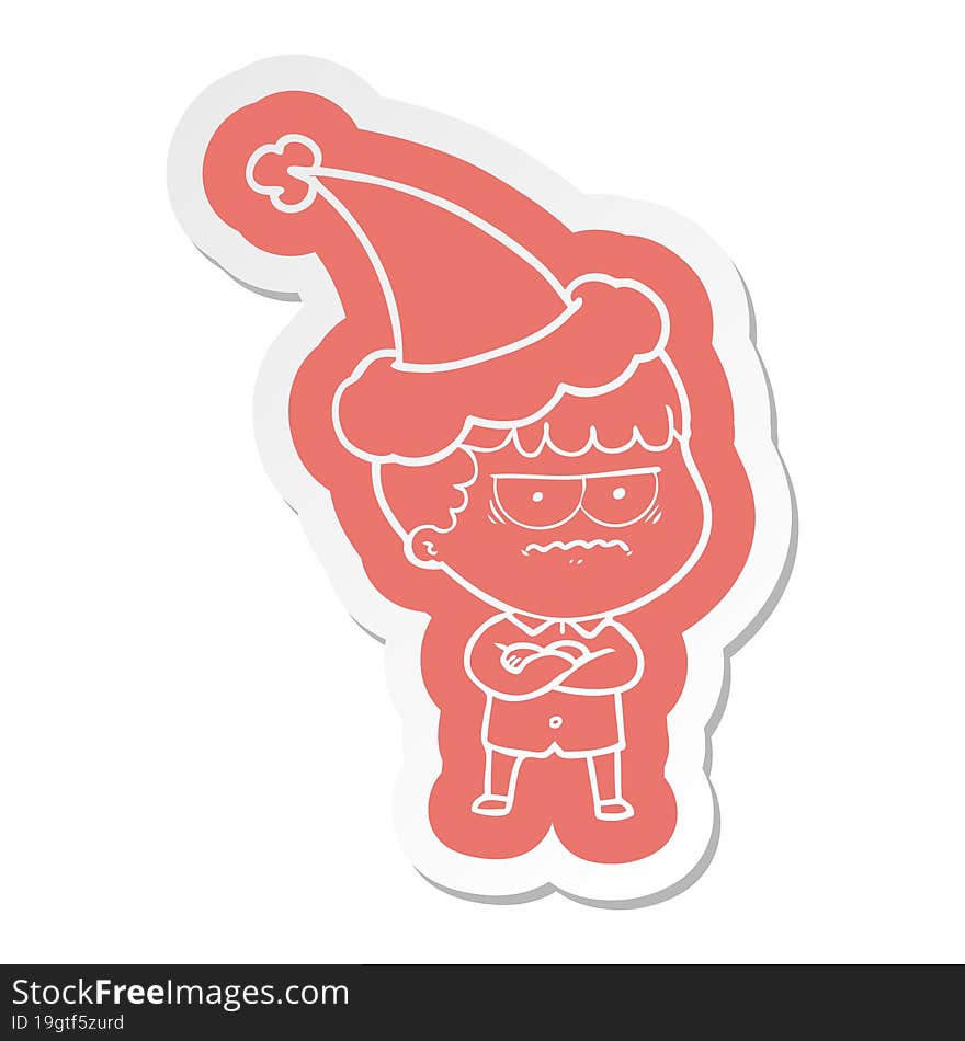 cartoon  sticker of an annoyed man wearing santa hat