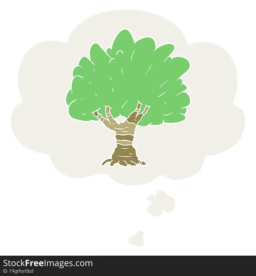 cartoon tree with thought bubble in retro style