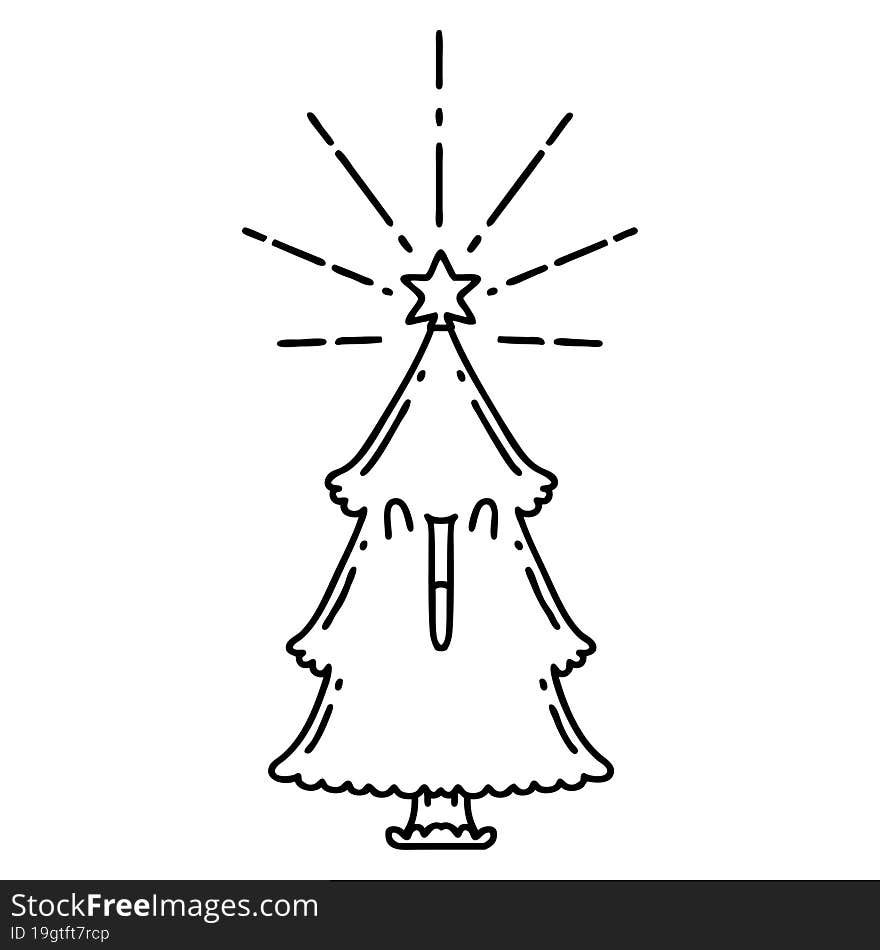 illustration of a traditional black line work tattoo style christmas tree with star