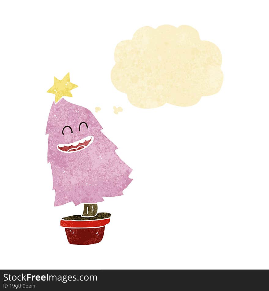 cartoon dancing christmas tree with thought bubble