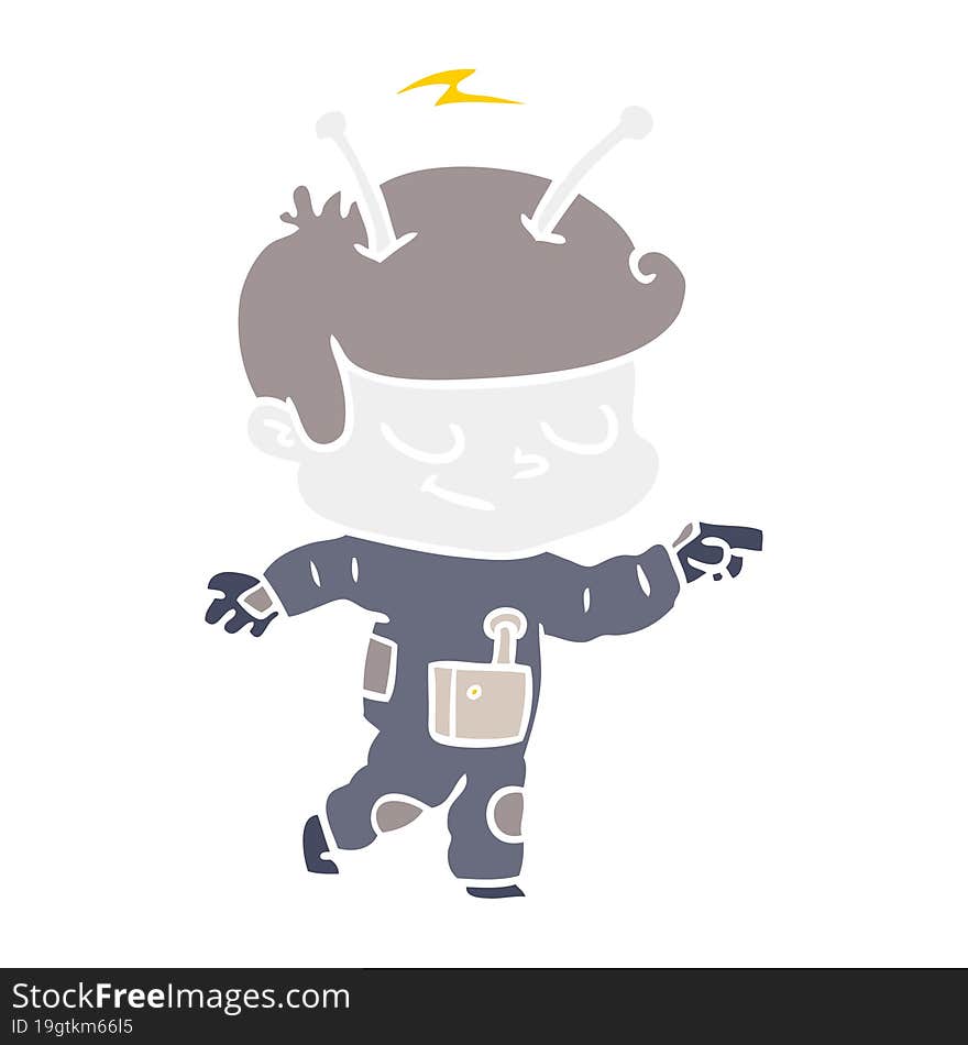 Friendly Flat Color Style Cartoon Spaceman Pointing