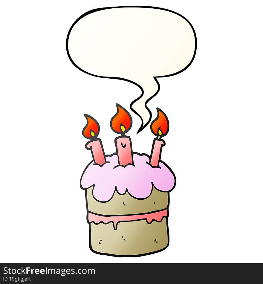 cartoon birthday cake and speech bubble in smooth gradient style