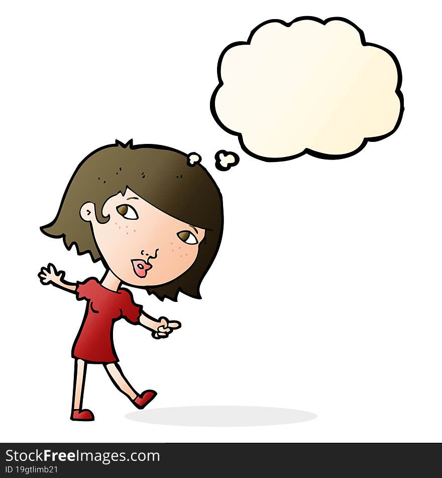 cartoon happy girl gesturing to follow with thought bubble