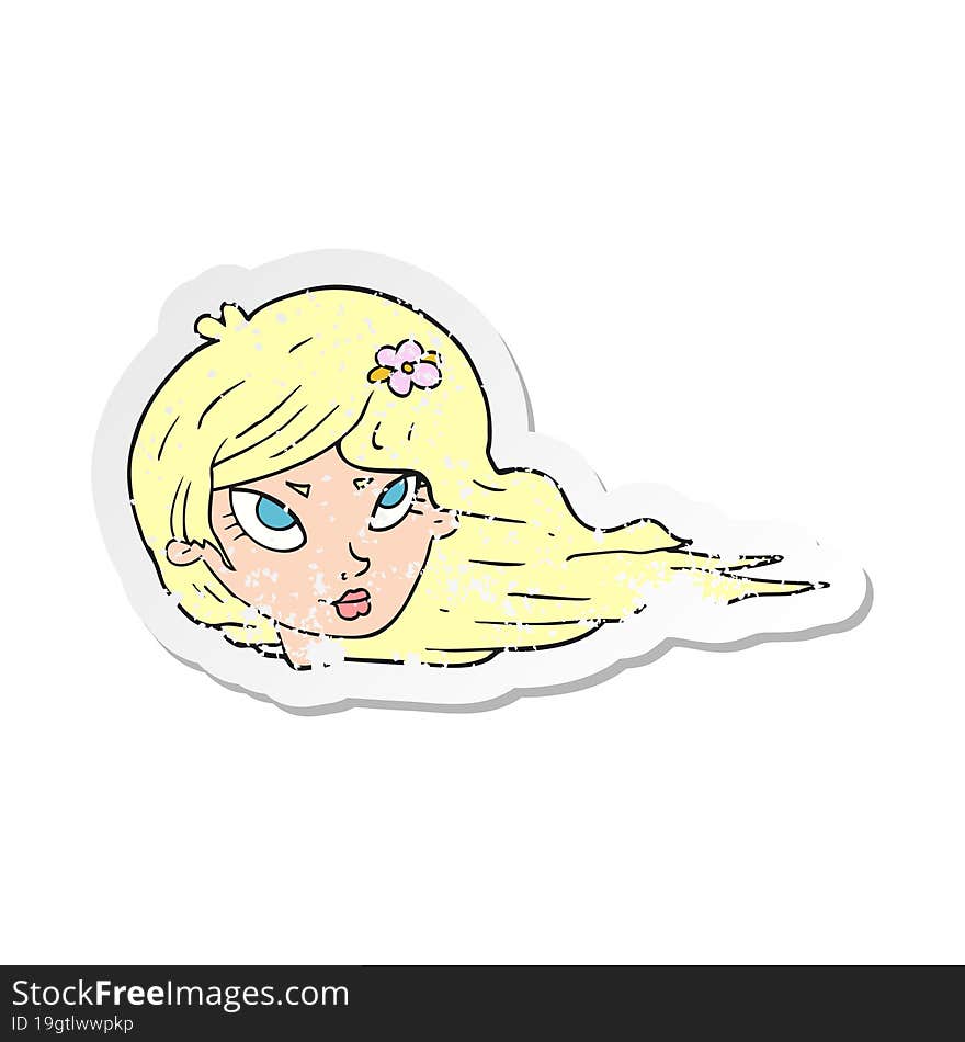 retro distressed sticker of a cartoon woman with blowing hair