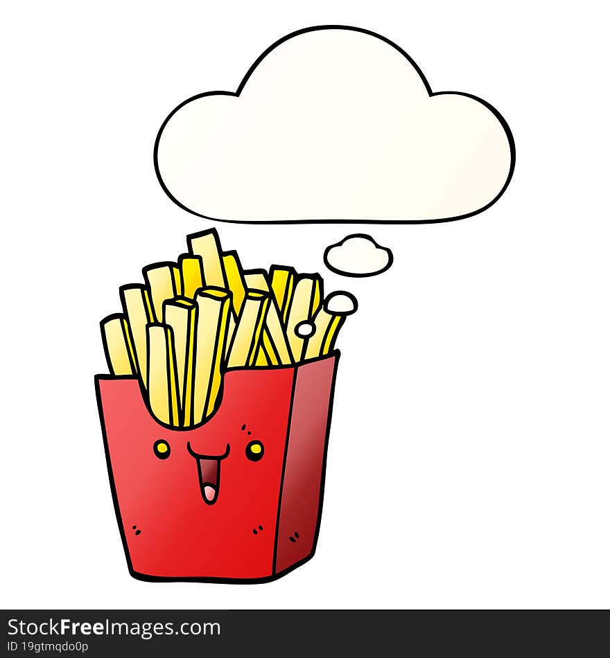 cute cartoon box of fries and thought bubble in smooth gradient style