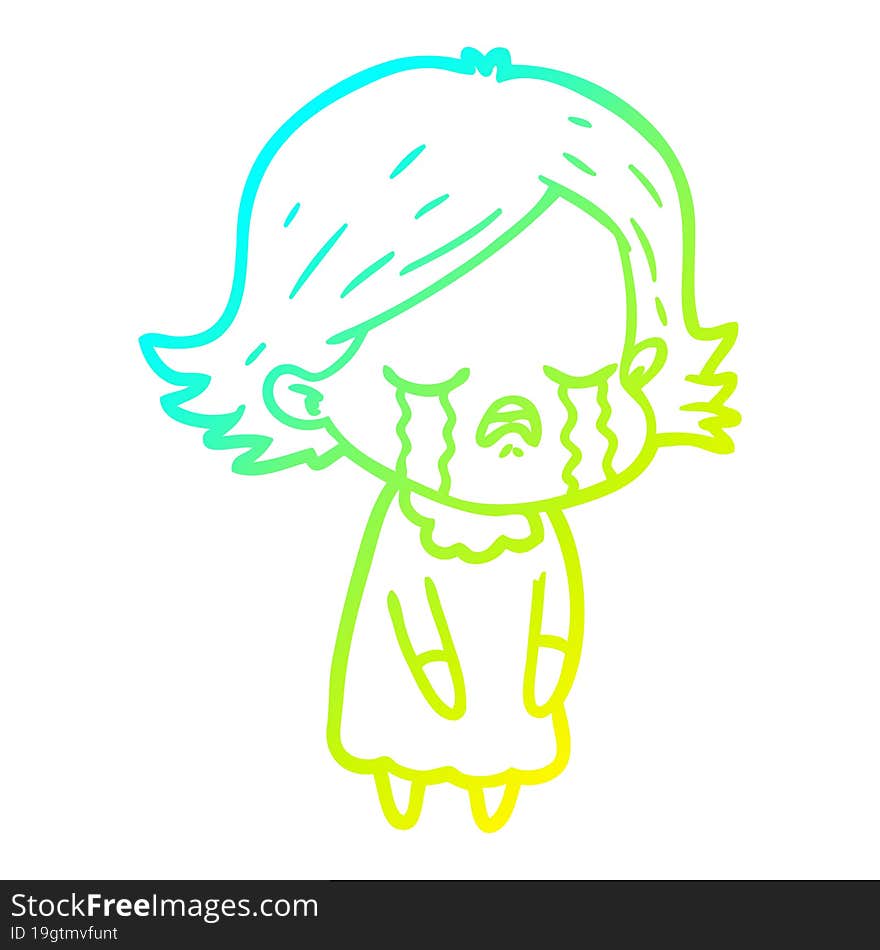 cold gradient line drawing of a cartoon girl crying