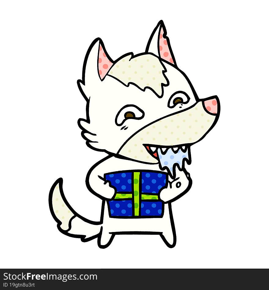 cartoon hungry wolf holding christmas present. cartoon hungry wolf holding christmas present