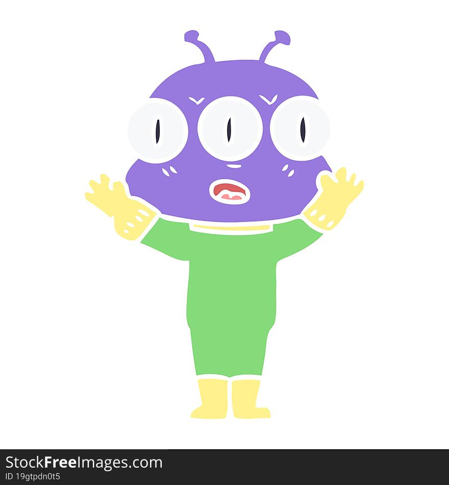 Flat Color Style Cartoon Three Eyed Alien