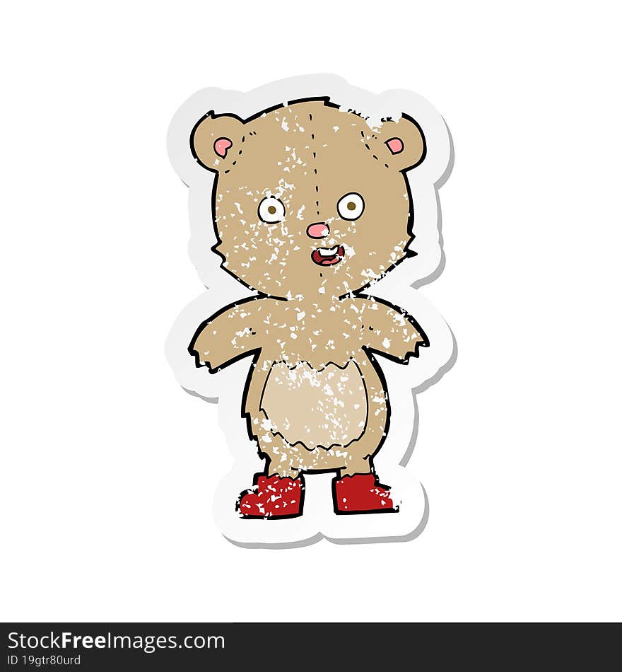 retro distressed sticker of a cartoon happy teddy bear in boots