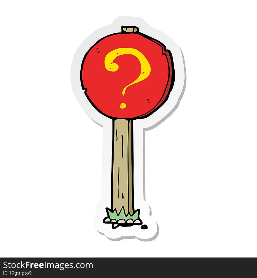 sticker of a cartoon question mark sign post