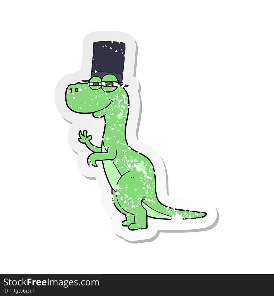 retro distressed sticker of a cartoon dinosaur wearing top hat