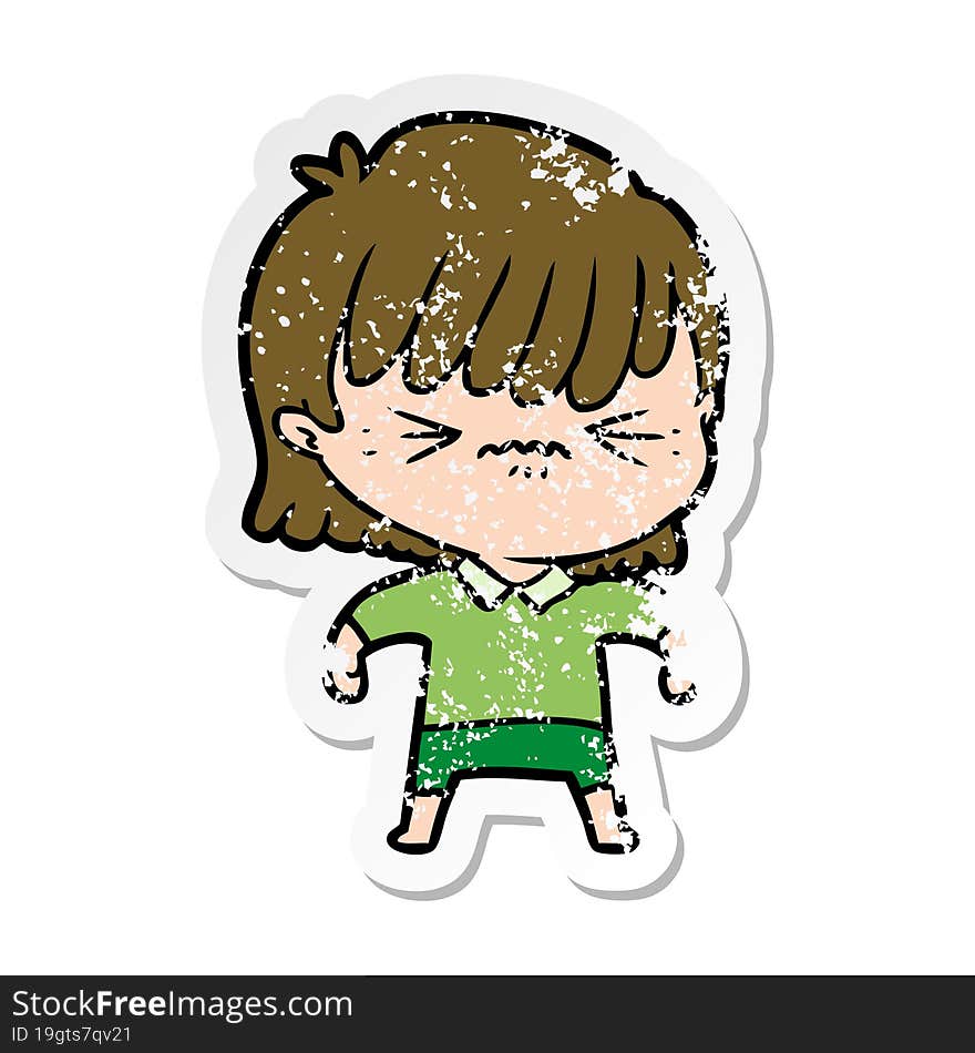 distressed sticker of a annoyed cartoon girl