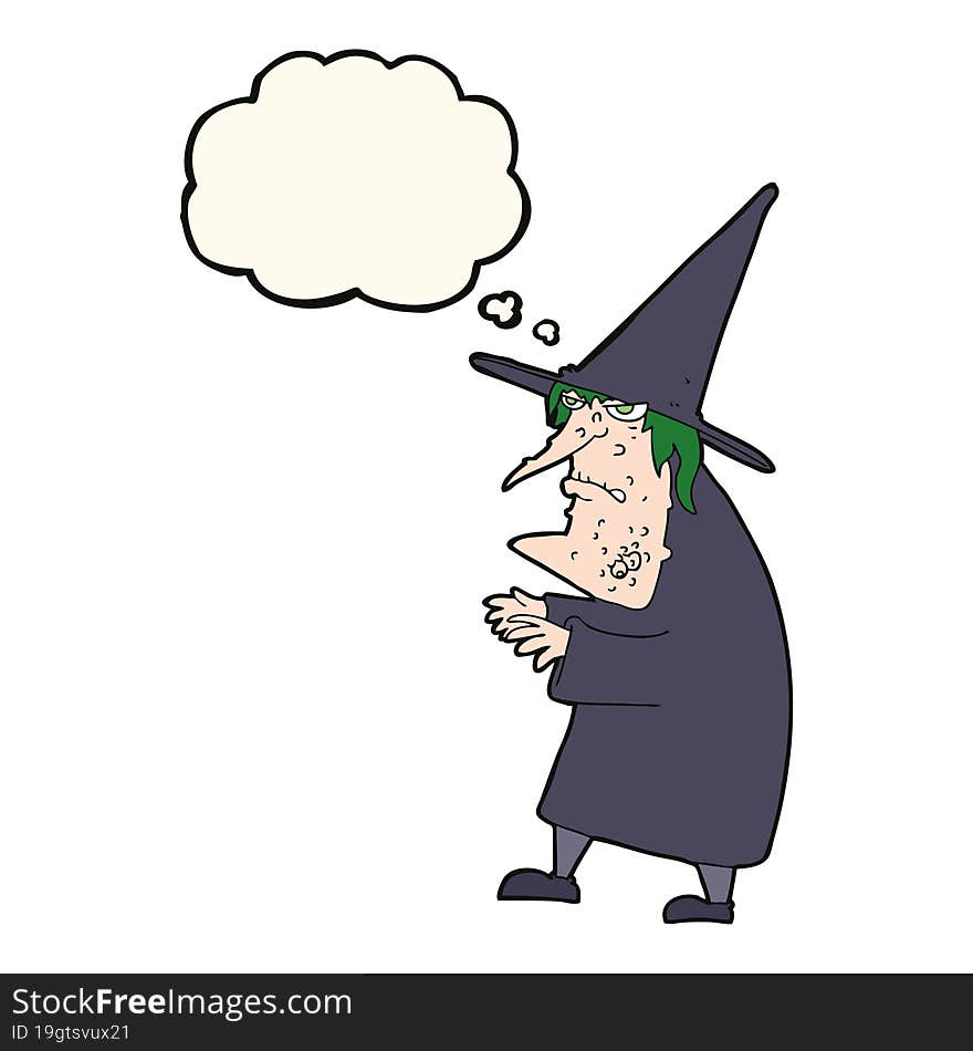 cartoon ugly old witch with thought bubble