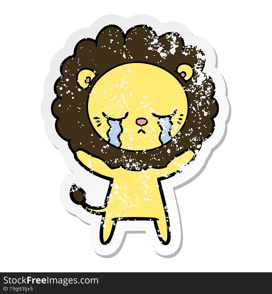 distressed sticker of a crying cartoon lion