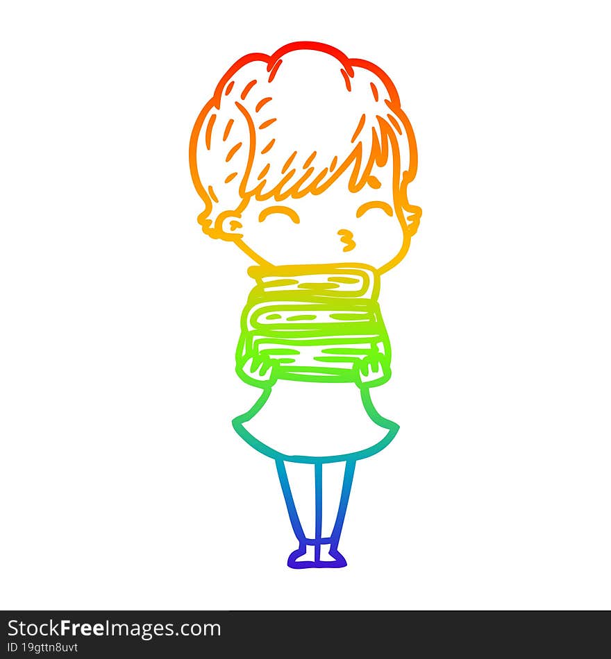 Rainbow Gradient Line Drawing Cartoon Woman Thinking