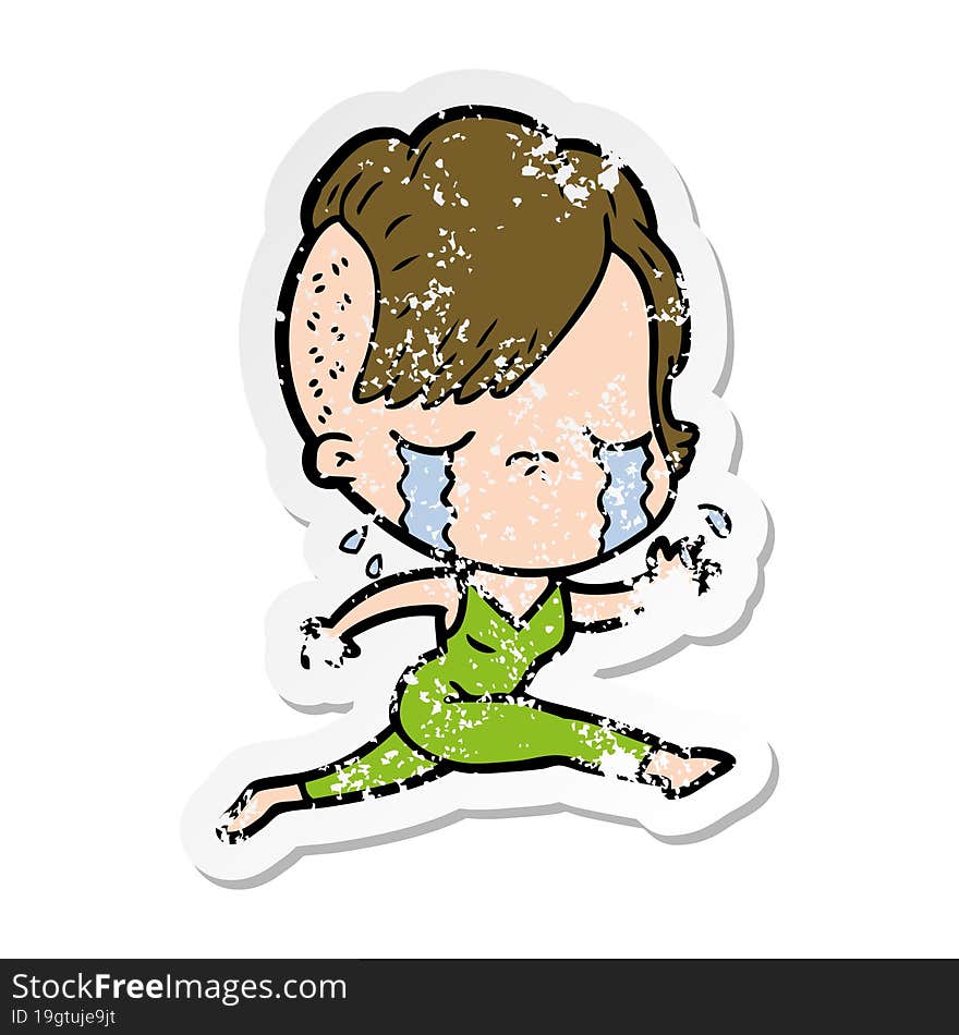 distressed sticker of a cartoon crying girl running