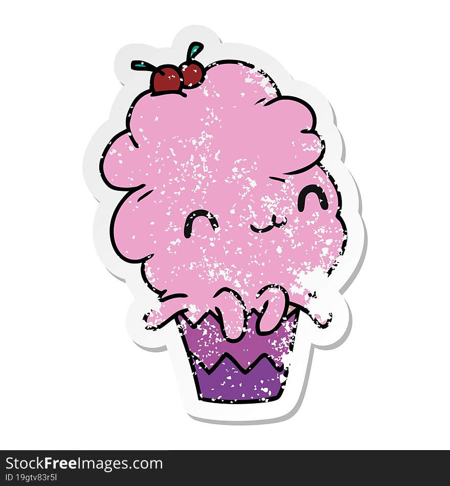 distressed sticker cartoon illustration kawaii octopus cupcake. distressed sticker cartoon illustration kawaii octopus cupcake