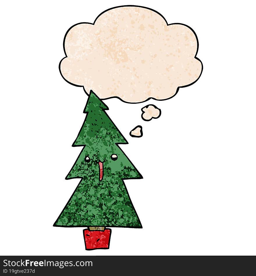 cartoon christmas tree with thought bubble in grunge texture style. cartoon christmas tree with thought bubble in grunge texture style