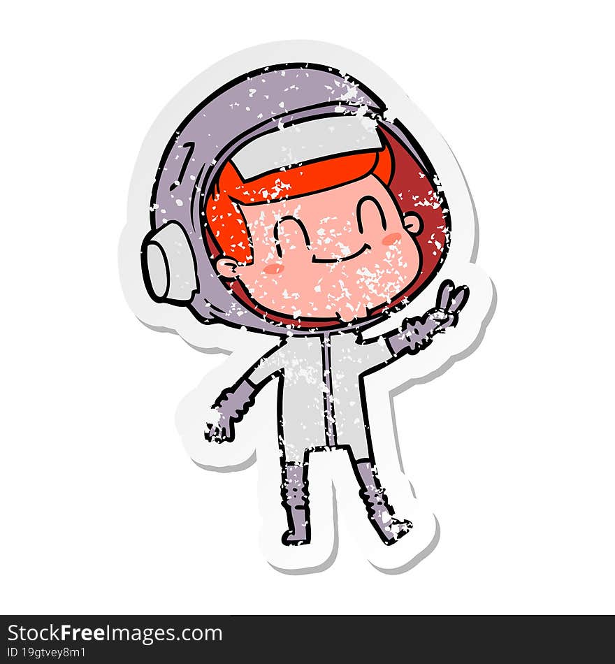 distressed sticker of a happy cartoon astronaut