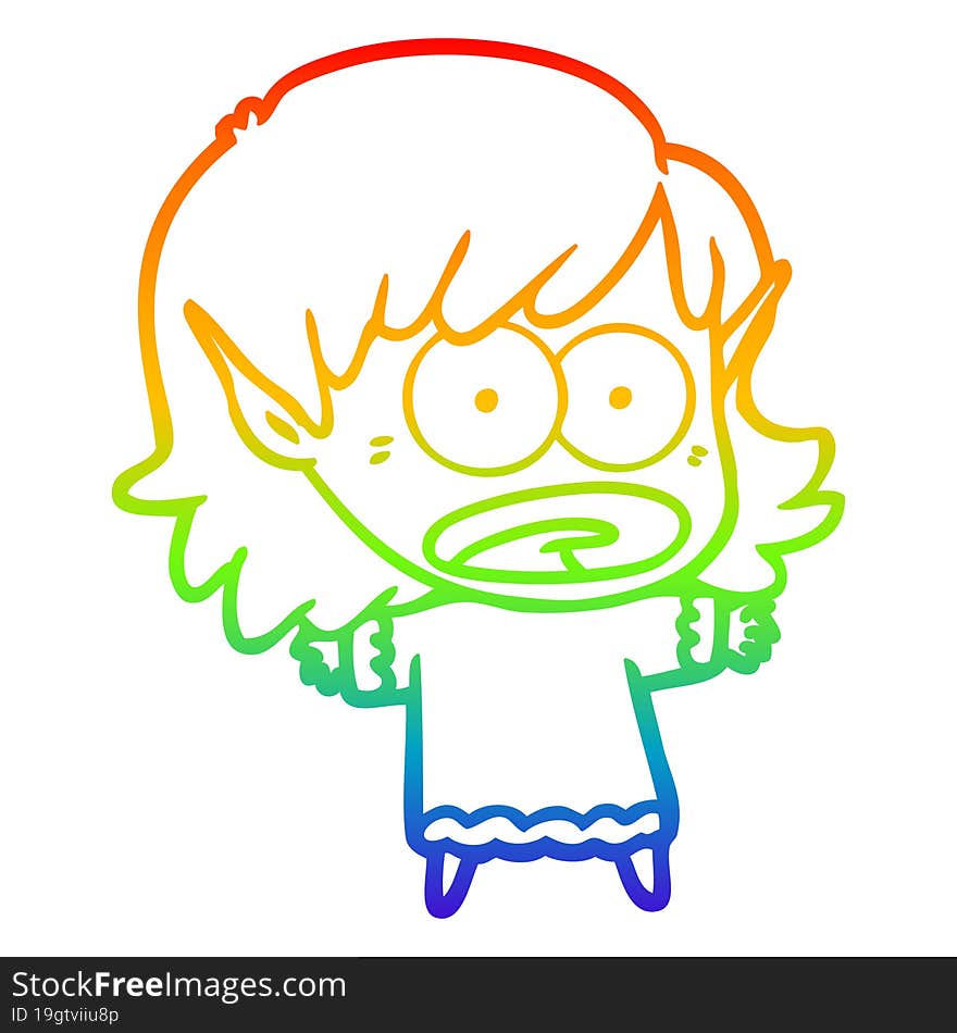 Rainbow Gradient Line Drawing Cartoon Shocked Elf Girl