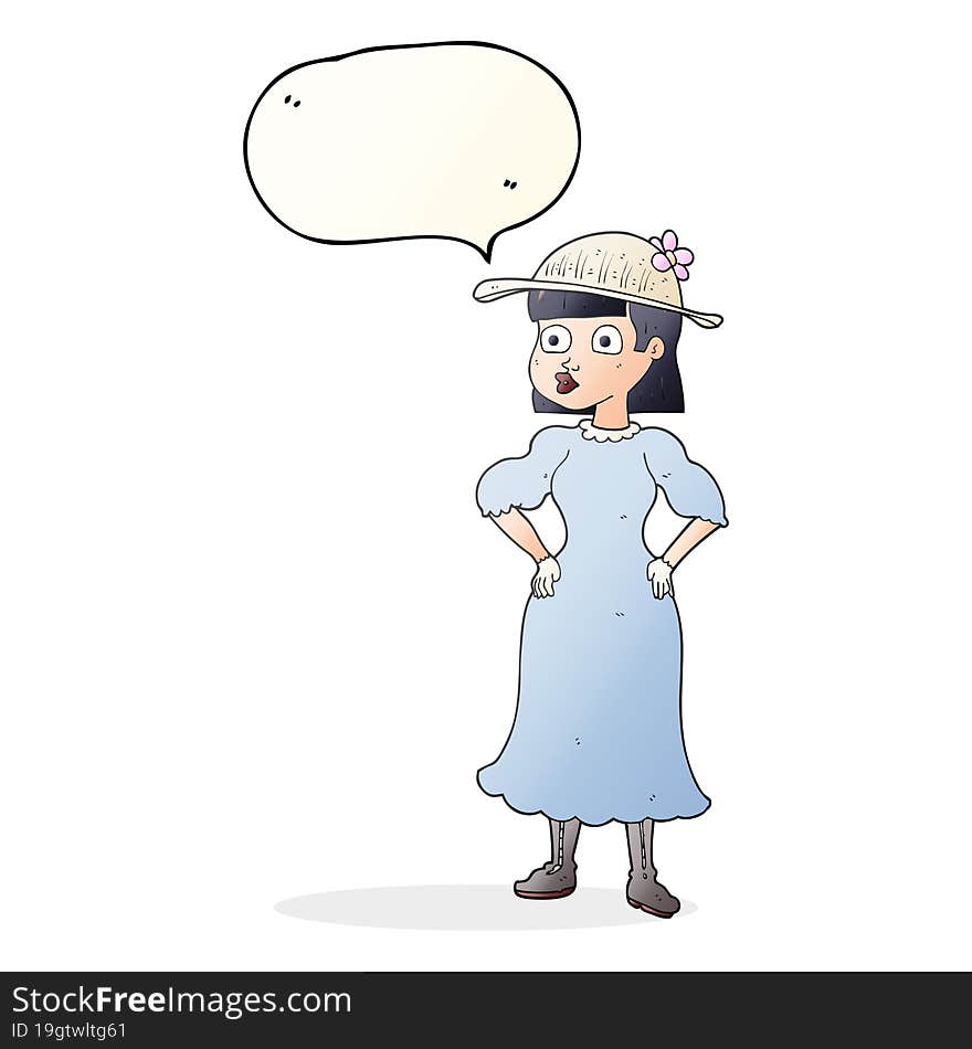 speech bubble cartoon woman in sensible dress