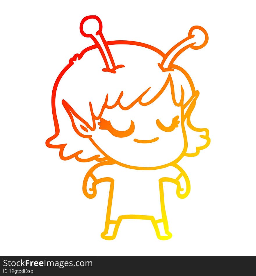 warm gradient line drawing smiling alien girl cartoon