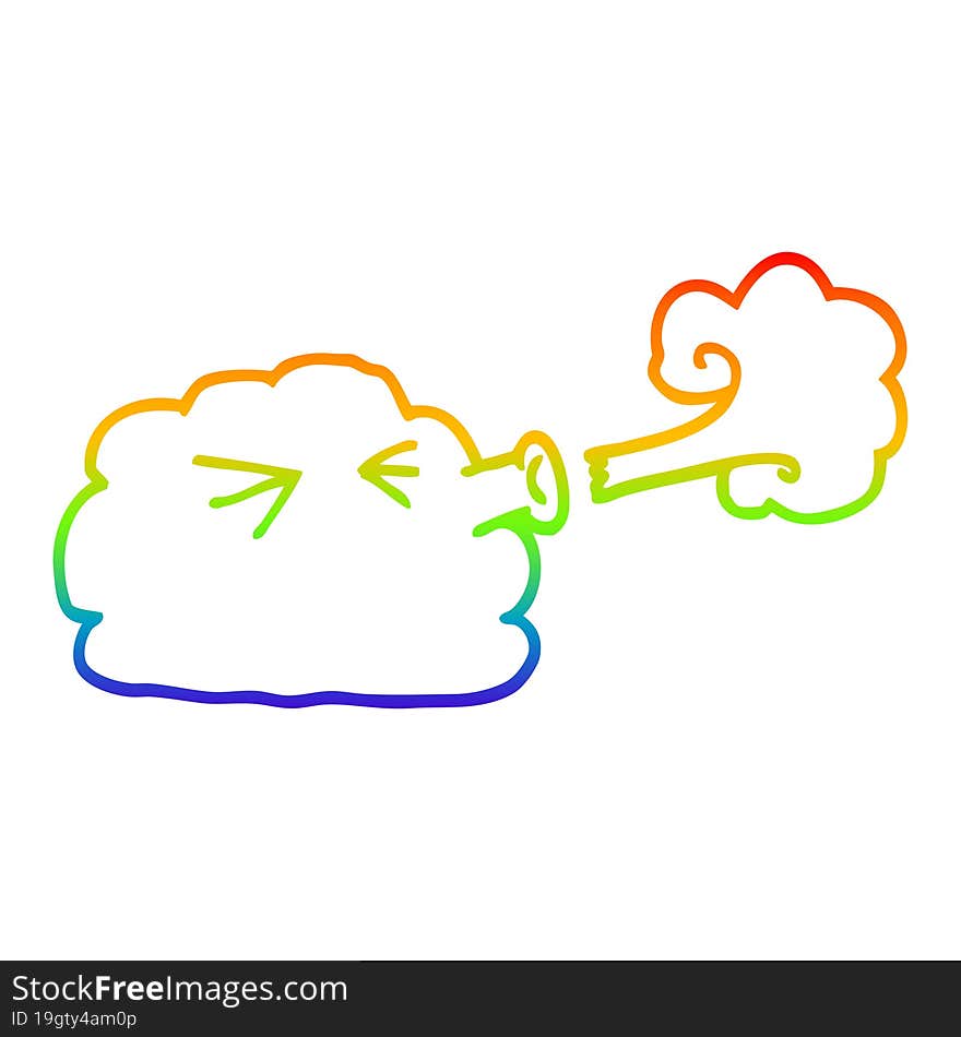 rainbow gradient line drawing of a cartoon cloud blowing a gale