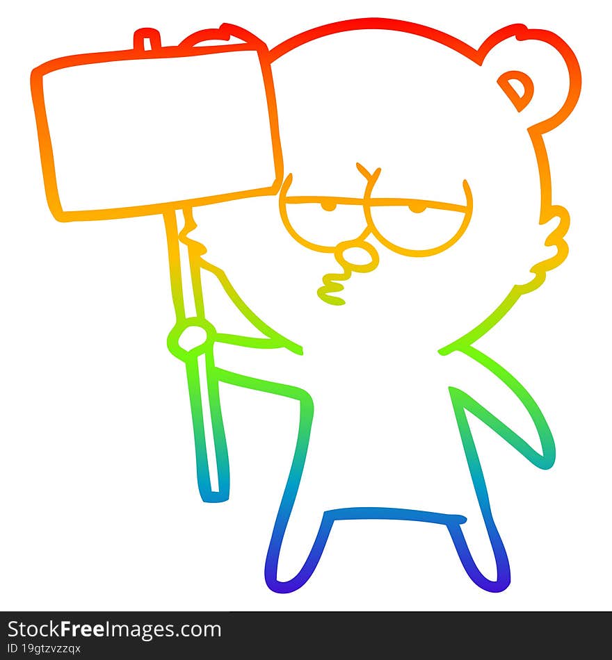 rainbow gradient line drawing of a bored polar bear cartoon with sign