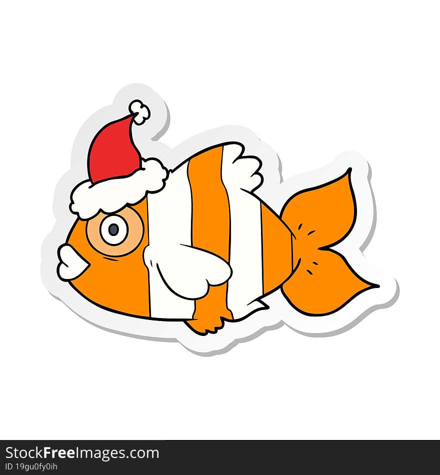 Sticker Cartoon Of A Exotic Fish Wearing Santa Hat