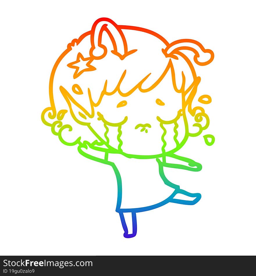 rainbow gradient line drawing cartoon crying alien girl