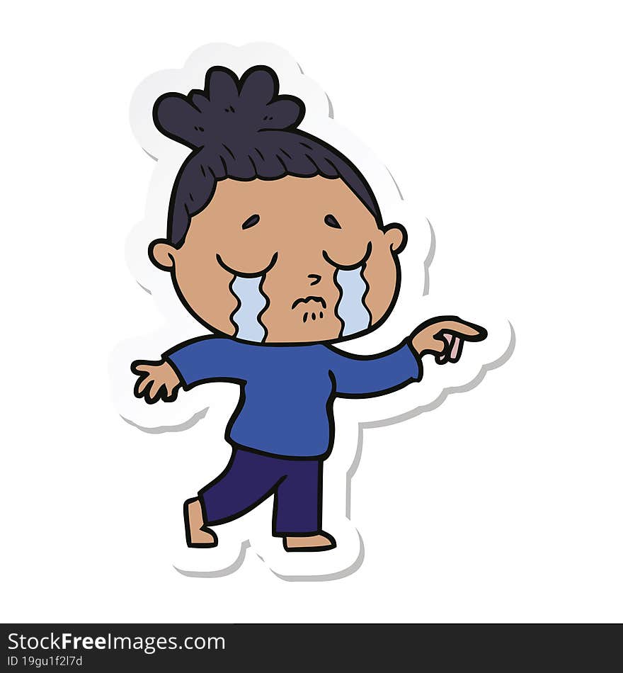 sticker of a cartoon crying woman pointing