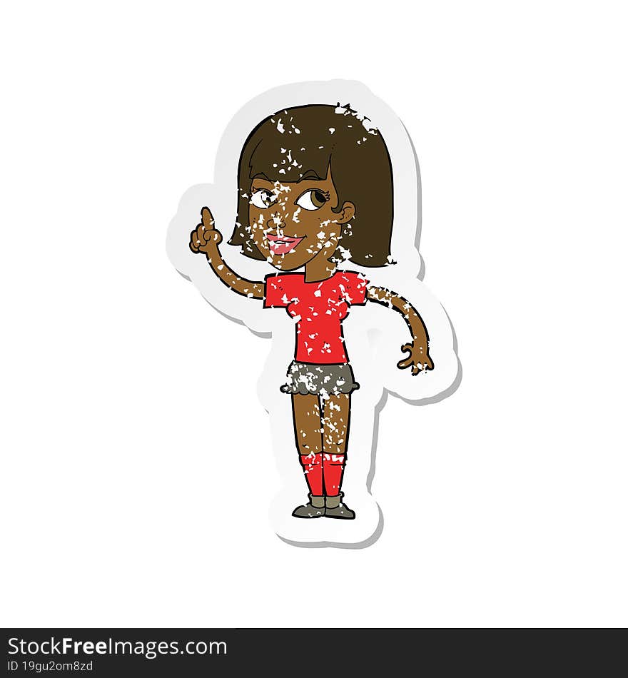 retro distressed sticker of a cartoon pretty girl with idea