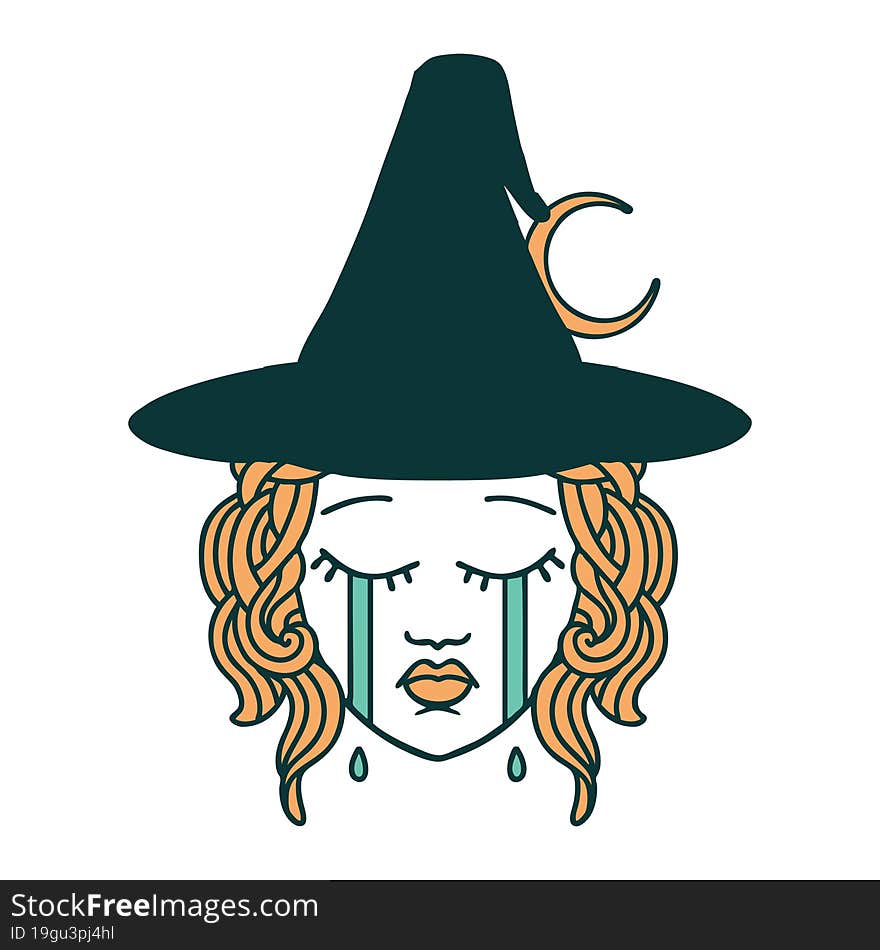 Retro Tattoo Style crying human witch character. Retro Tattoo Style crying human witch character