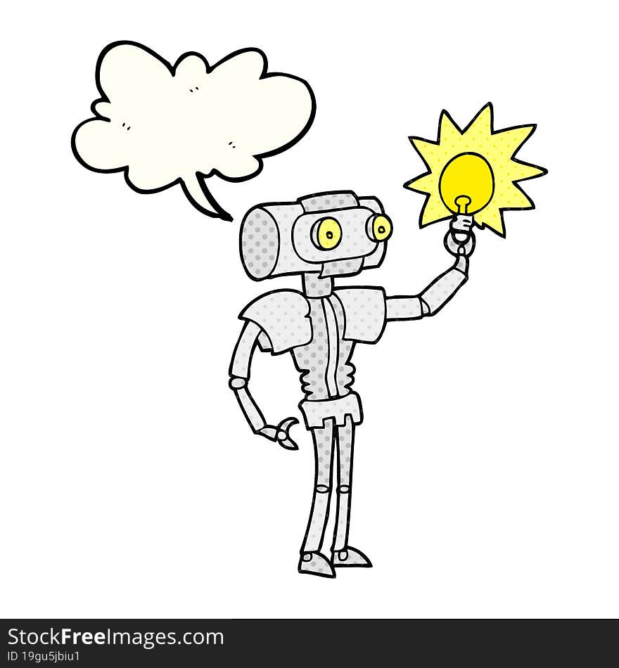 freehand drawn comic book speech bubble cartoon robot with light bulb