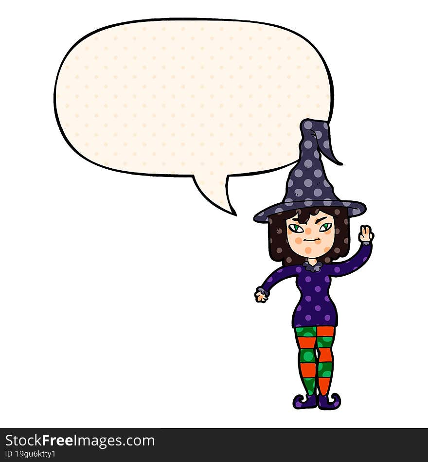 cartoon witch and speech bubble in comic book style