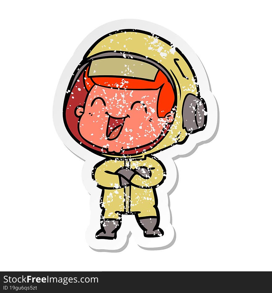 distressed sticker of a happy cartoon astronaut