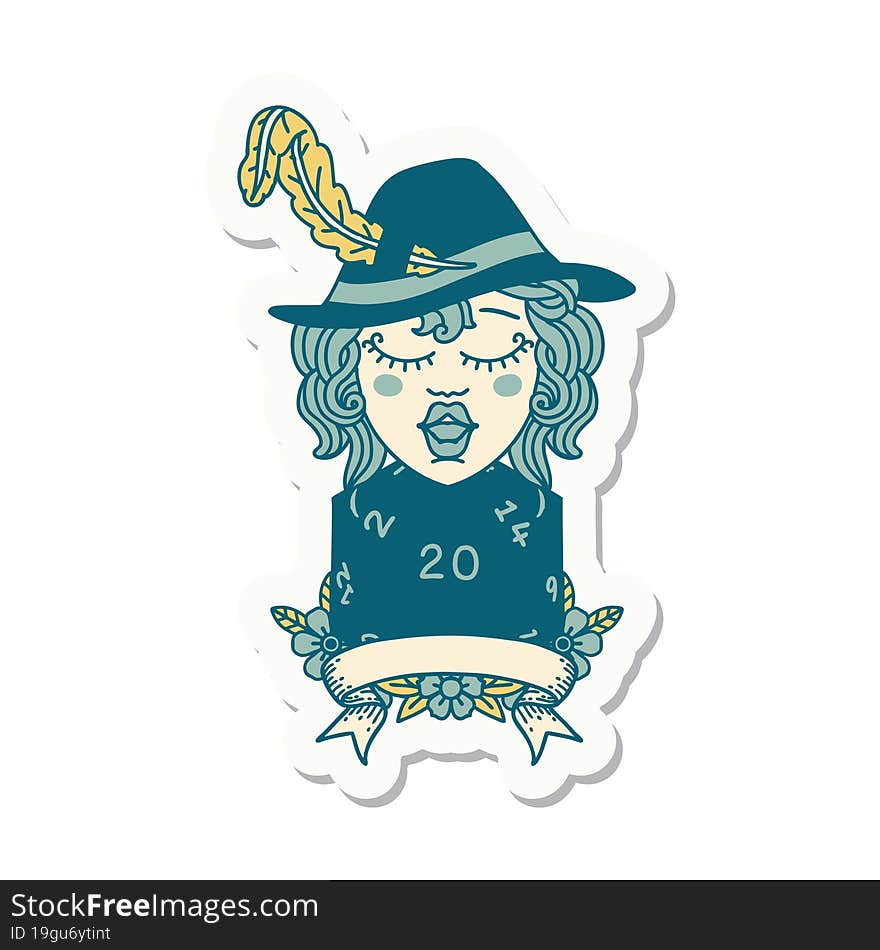 sticker of a human bard character with natural 20 dice roll. sticker of a human bard character with natural 20 dice roll