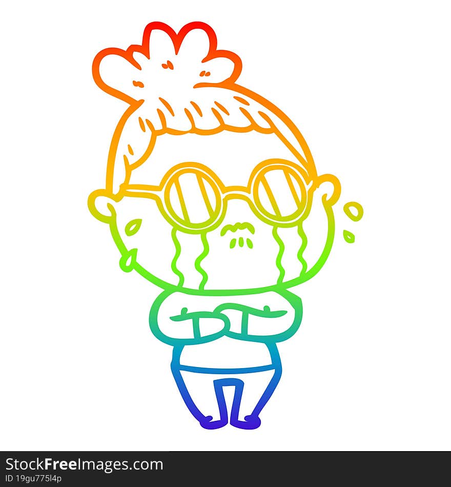 rainbow gradient line drawing cartoon crying woman wearing spectacles