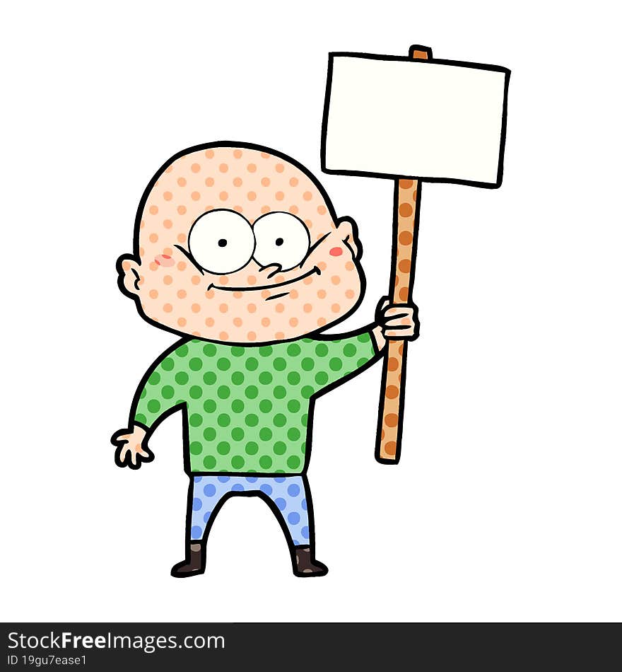 cartoon bald man staring with sign. cartoon bald man staring with sign